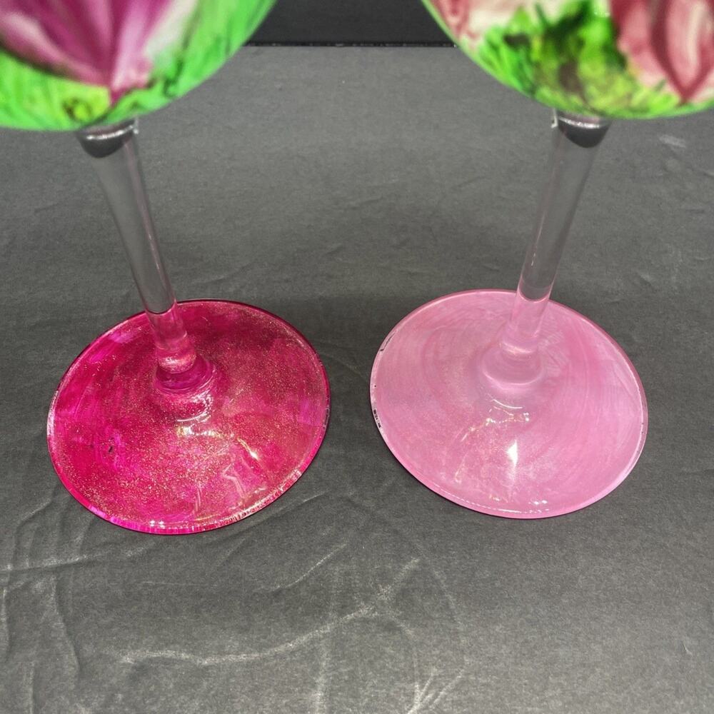 Hand Painted Stemmed Wine Glasses Artist Signed Floral Pattern Set of 2 Spring - Picture 6 of 10